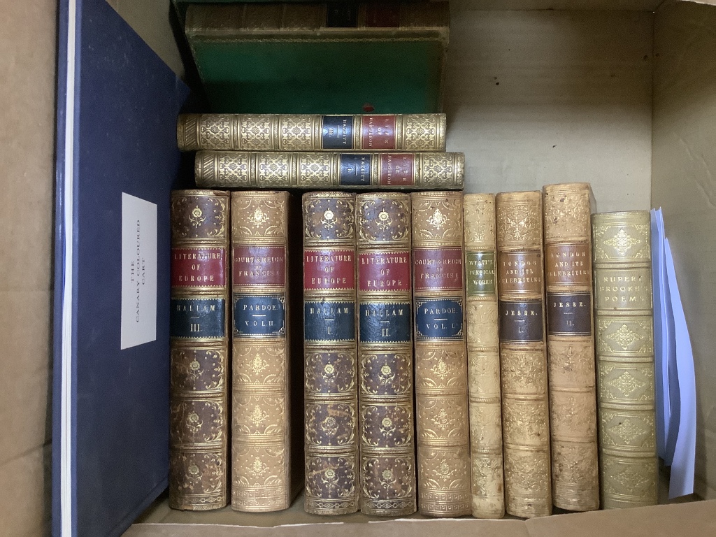 A collection of leather-bound books, Hallam, Pardoe, Hazlitt etc.